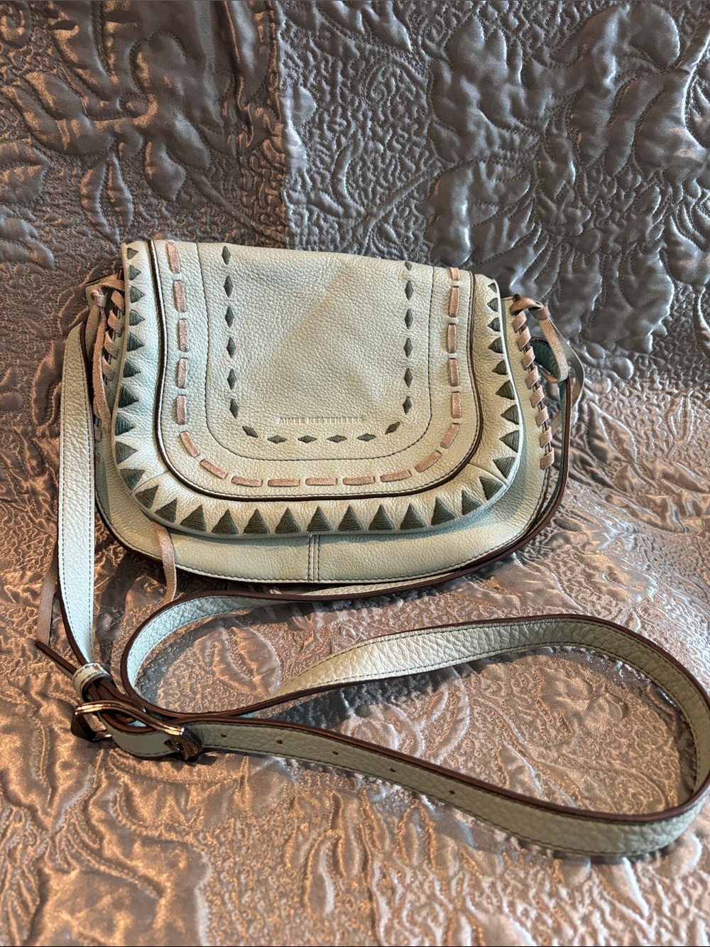 Aqua Leather Crossbody Bag with Accent Stitching